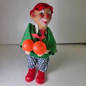 Vintage Wind Up Circus Clown Toy Holding Balls Plastic Fabric Body Works